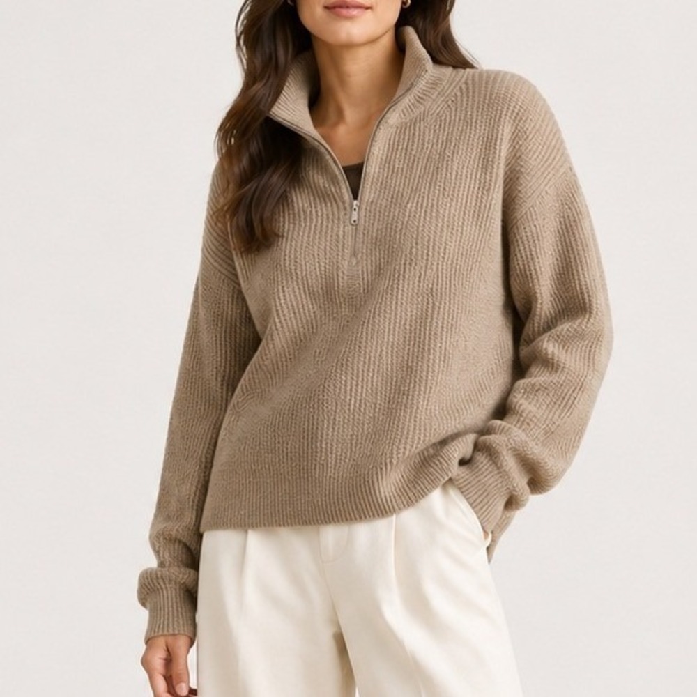 Quince Australian Merino Wool Half Zip Sweater Ribbed Malted Toffee Small NWOT - Picture 1 of 11